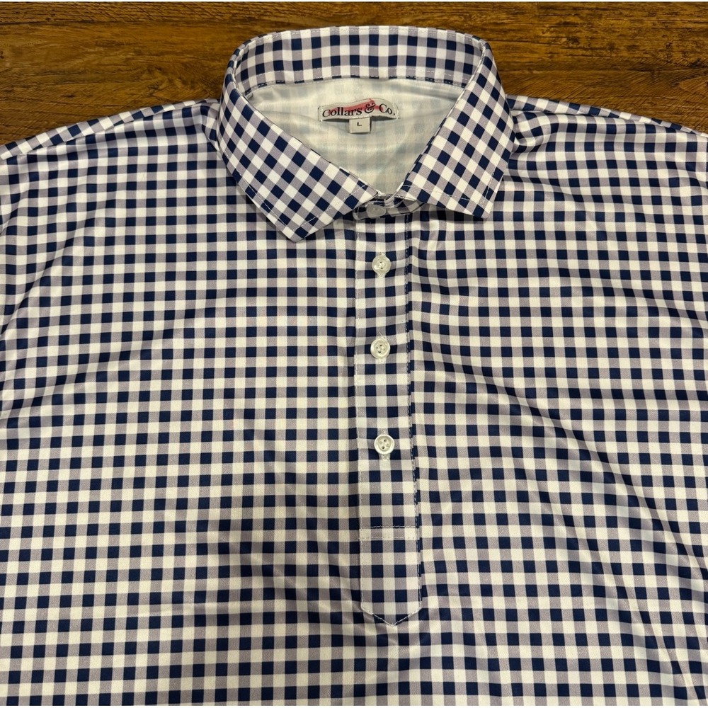 Collars & Co Blue Purple Gingham Check Performance Dress Collar Polo Shirt Men L